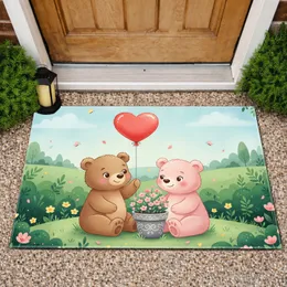 Brown Pink Bears Red Heart Balloon Spring Meadow Wildflowers - Home Decor Gift Doormat
