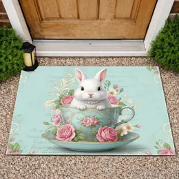 Baby Bunny Pearl Teacup Pink Roses Scrollwork - Home Decor Gift for Bunny Lover Doormat