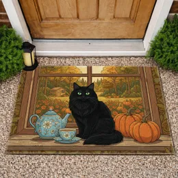 Black Cat Autumn Window Scene Rustic Pumpkins - Fall Home Decor Gift Doormat