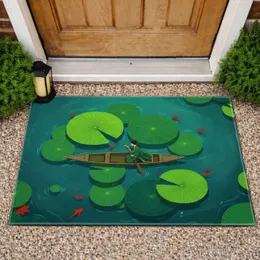 Person Wooden Boat Green Lily Pads Teal Water Red Flower Petals - Home Decor Gift Doormat