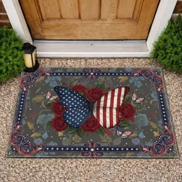 Patriotic Butterfly Red Rose Antique Floral - Independence Day Home Decor Gift for Veterans Doormat