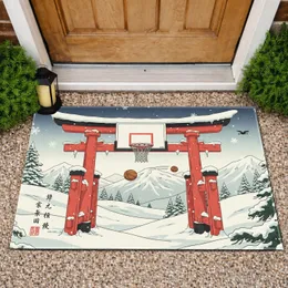 Monumental Torii Gate Basketball Hoop Winter Landscape - Home Decor Gift for Sports Fan Doormat
