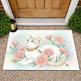 White Cat Carnation Flowers Home Decor Gift for Cat Lovers Doormat