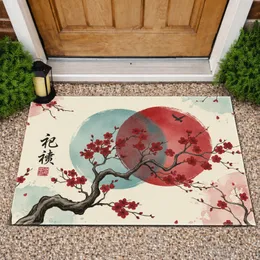 Japanese Gnarled Cherry Blossom Red Teal Calligraphy - Home Decor Gift Doormat