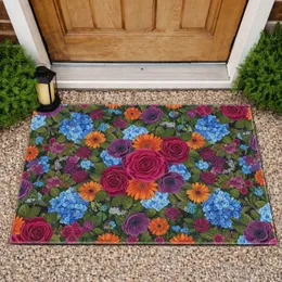 Fuchsia Magenta Roses Gerbera Anemone Hydrangea Blossoms - Home Decor Gift Doormat