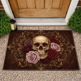 Aged Bone Skull Crimson Roses Golden Bronze Baroque Scrollwork - Gothic Home Decor Gift Doormat