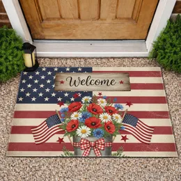 Welcome Banner American Flags Patriotic Flowers - Independence Day Gift Doormat