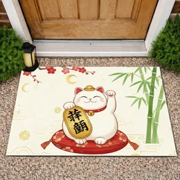 Japanese Lucky Cat Gold Fortune Cherry Blossom Bamboo - Home Decor Gift Doormat