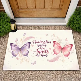 Purple Pink Butterfly Angels Near Sprig Floral Vines Feather Heart - Home Decor Gift Doormat