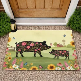Black Silhouette Pigs Wildflower Butterfly Barn Windmill - Rustic Farmhouse Home Decor Gift Doormat