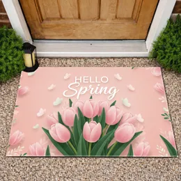 Hello Spring Lush Tulips Graceful Butterflies Bouquet - Spring Home Decor Gift Doormat
