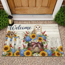 Barn Owl Welcome Patriotic Summer Flowers - Independence Day Home Decor Doormat