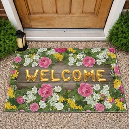 Golden Balloon Welcome Letters Rustic Wood Floral - Home Decor Gift Doormat