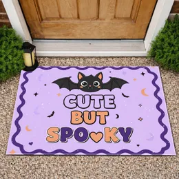 Black Cartoon Bat Cute But Spooky Stars Moons Hearts Border - Halloween Party Gift Doormat