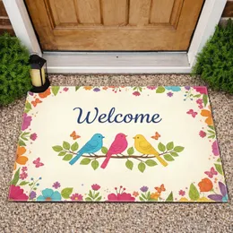Welcome Script Birds Branch Spring Flowers Butterflies - Home Decor Gift Doormat