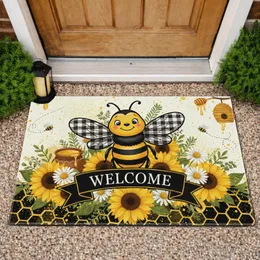 Welcome Bee Buffalo Plaid Wings Sunflower Daisy - Farmhouse Home Decor Gift for Bee Lovers Doormat