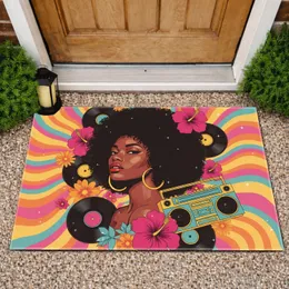 Black Woman Afro Hibiscus Vinyl Boombox - Disco Home Decor Gift Doormat