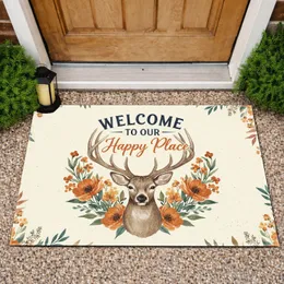 Deer Head Antler Welcome To Our Happy Place Botanical - Farmhouse Home Decor Gift Doormat