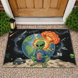 Green Alien Popcorn Exploding Earth - Home Decor Gift for Sci-Fi Lover Doormat