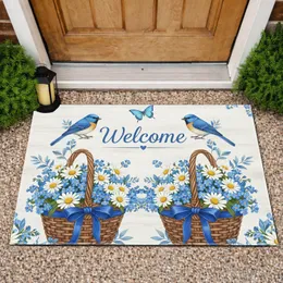Welcome Bluebirds Daisy Forget-Me-Not Wicker Basket - Farmhouse Home Decor Gift Doormat