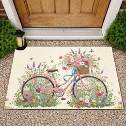 Pink Bicycle Flower Basket Wildflower Meadow - Spring Summer Home Decor Doormat