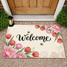 Welcome Script Pink Peonies Red Tulips Bumblebees - Home Decor Gift Doormat