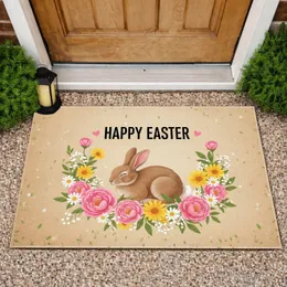 Brown Bunny Floral Garland Happy Easter - Spring Farmhouse Decor Doormat