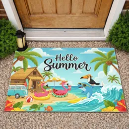 Hello Summer Flamingos Dolphin Toucan - Summer Home Decor Gift for Beach Lovers Doormat