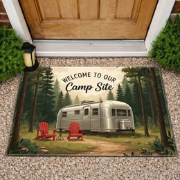 Classic Travel Trailer Welcome Camp Site - Outdoor Living Gift for RV Owners Doormat