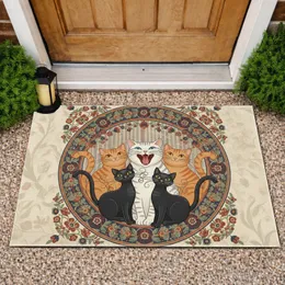 Five Cats Folk Art Floral Border - Home Decor Gift for Pet Lover Doormat