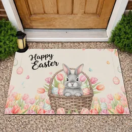 Grey Easter Bunny Basket Pastel Eggs Tulips Butterfly - Easter Holiday Decor Doormat
