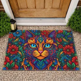 Stained Glass Mosaic Cat Head Floral Elements - Home Decor Gift for Cat Lover Doormat