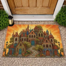 European Townscape Buildings Cobblestone Path Trees Lampposts Sky - Home Decor Gift Doormat