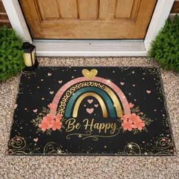 Be Happy Rainbow Gold Script Glitter Heart Floral Dark Charcoal - Home Decor Gift Doormat