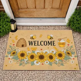 WELCOME Bees Sunflowers Daisies Honeycomb Hearts Bee Skep - Farmhouse Home Decor Gift Doormat