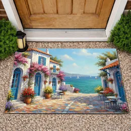 Whitewashed Mediterranean Village with Bougainvillea and Sea - Home Decor Gift Doormat