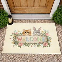 Ginger Kitten Bunny Rustic Wood Welcome Sign Wildflowers - Home Decor Gift for Animal Lover Doormat