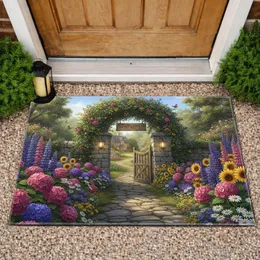 Rustic Welcome Sign Stone Garden Gate Blooming Flowers - Home Decor Gift for Gardeners Doormat