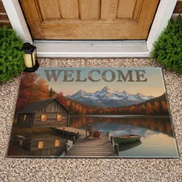 WELCOME Autumn Lake Log Cabin Mountain Rowboat Adirondack - Home Decor Gift Doormat