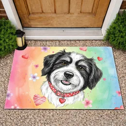 Black White Dog Watercolor Rainbow Hearts Flowers - Home Decor Gift for Dog Lovers Doormat