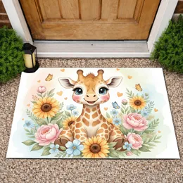 Baby Giraffe Garden Flowers Butterflies - Home Decor Gift for Giraffe Lover Doormat