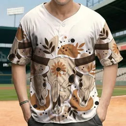 Bull Skull Cluster Daisy Flower Rustic Leaves - Farmhouse Decor Gift for Wildlife Lovers Baseball Jersey