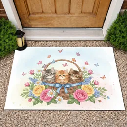 Grey Ginger Brown Kittens Basket Blooming Garden Butterflies - Home Decor Gift for Cat Lover Doormat