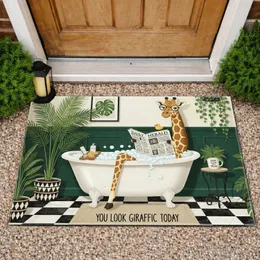 Giraffe Reading Bathtub Tropical Plants - Home Decor Gift for Animal Lover Doormat