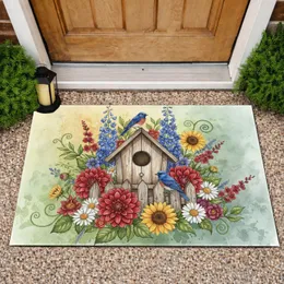 Rustic Wooden Birdhouse Bluebirds Floral Garden - Garden Home Decor Gift Doormat