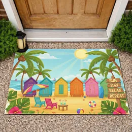 Colorful Beach Huts Tropical Scene Sun Surf Text - Beach Home Decor Gift Doormat