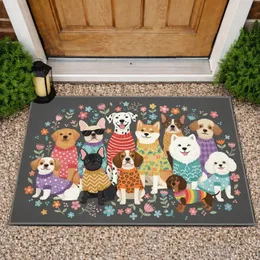 Dogs In Patterned Sweaters Colorful Floral Charcoal Background - Home Decor Gift for Dog Lover Doormat