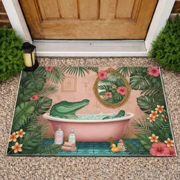 Green Exotic Alligator Bathtub Tropical Jungle Hibiscus Flowers - Home Decor Gift Doormat
