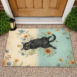 Black Cat Wildflowers Bird - Farmhouse Home Decor Gift for Cat Lover Doormat