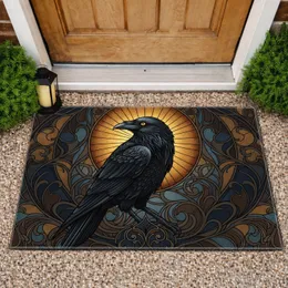 Black Raven Stained Glass Sunburst Gothic Scrollwork - Home Decor Gift for Bird Lovers Doormat